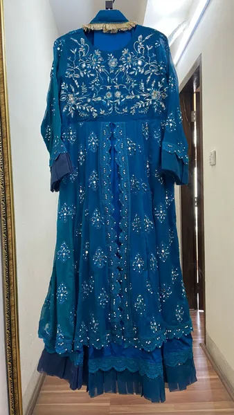 Pakistani Original Mona Embroidery Chiffon Stitched Gown 3 Pcs _ Sea Green 