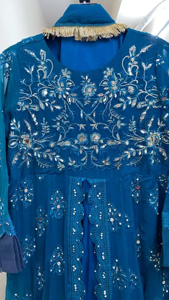 Pakistani Original Mona Embroidery Chiffon Stitched Gown 3 Pcs _ Sea Green 