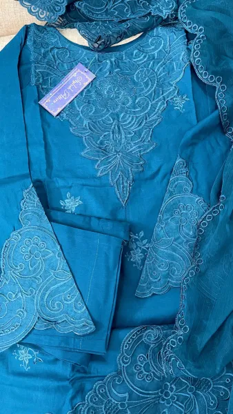 Original Pakistani Boutique Cambric Cotton Stitched 3Pcs _ Zinc Blue