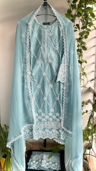 Pakistani Original Hayat’s Embroidered Stitched Cotton 3Pcs _ Mint 