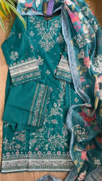 Pakistani Original Hayat’s Embroidered Stitched Cotton 3Pcs _ Sea Green  
