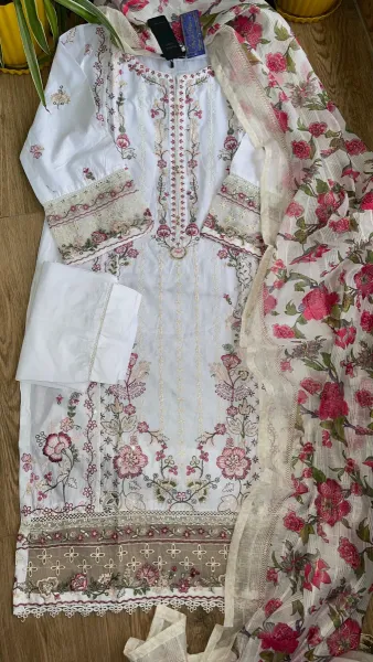 Pakistani Original Hayat’s Embroidered Stitched Cotton 3Pcs _ White 