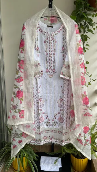 Pakistani Original Hayat’s Embroidered Stitched Cotton 3Pcs _ White 