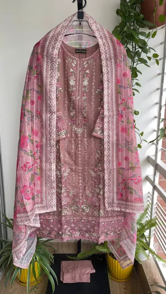 Pakistani Original Hayat’s Embroidered Stitched Cotton 3Pcs _ Mauve 