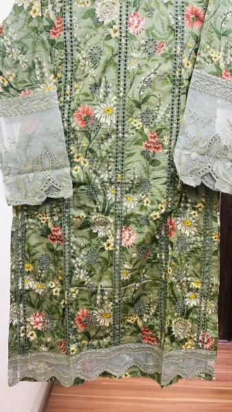 Original Pakistani Polawn Embroidered Stitched Lawn 3 Pcs _ Green 