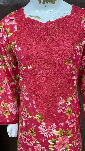 Original Pakistani Textured Lawn with Farshi Salwar. Brand: Sahiba's By Mirza _ Magenta Red  