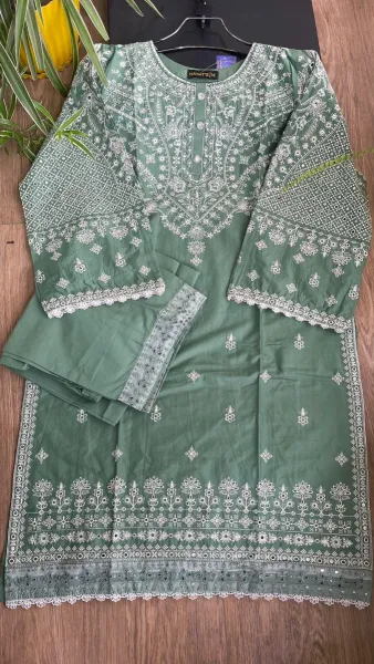 Original Pakistani Hayat’s Cotton Embroidered Stitched Coord Set_Green