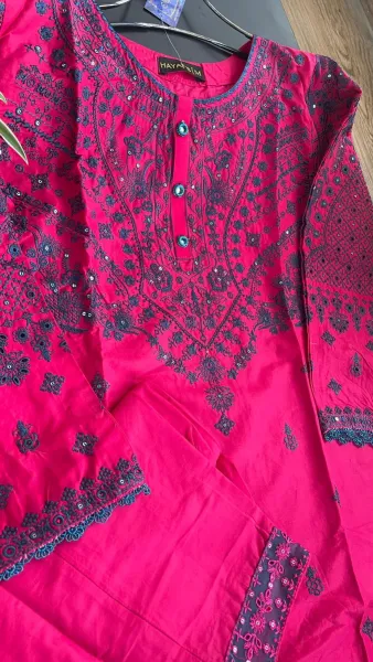 Original Pakistani Hayat’s Cotton Embroidered Stitched Coord Set_Magenta Red