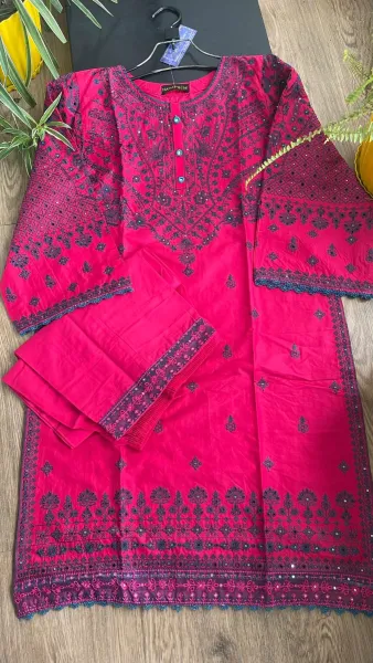 Original Pakistani Hayat’s Cotton Embroidered Stitched Coord Set_Magenta Red