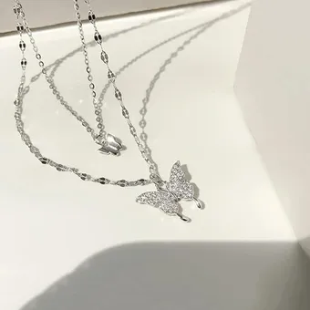 Silver Color Shiny Butterfly Pendant Necklace 