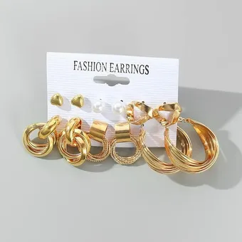 Vintage Gold Design Pearl Stud Earrings ( 6 Pairs )