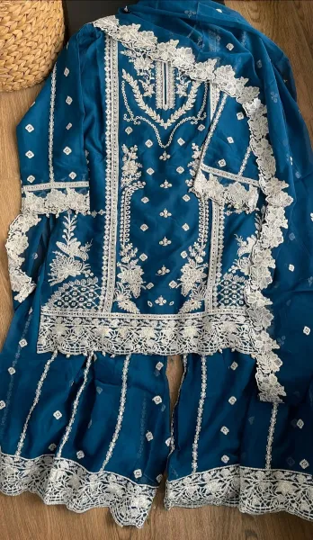 Pakistani Original Rangoon Luxury Chiffon Stitched Garara 3Pcs _ Deep Sea Blue 
