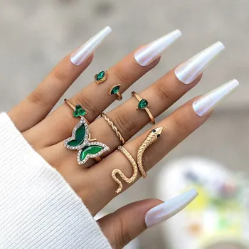 Green Butterfly Crystal Snake Shape Ring Set (6 pcs)