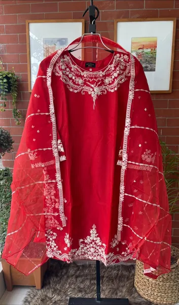 Pakistani Organza Stitched 2Pcs _ Maroon Red 