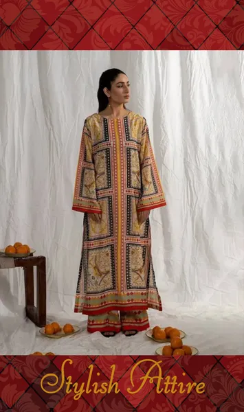 Adan's Libas Satin Lawn Stitched Co-Ords  Set _ Mustard Yellow 