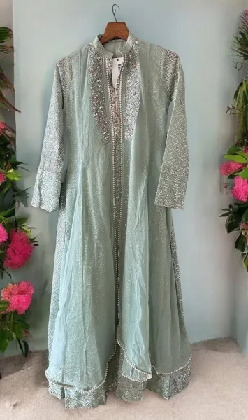 Pakistani Original Mona Embroidery Chiffon Stitched Gown 3 Pcs _ Mint 