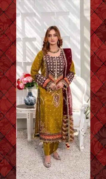 Pakistani Original Hayat's Luxury Organza Stitched 3Pcs _ Olive & Maroon 