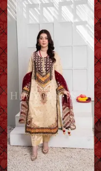 Pakistani Original Hayat's Luxury Organza Stitched 3Pcs _ Maroon & Beige 