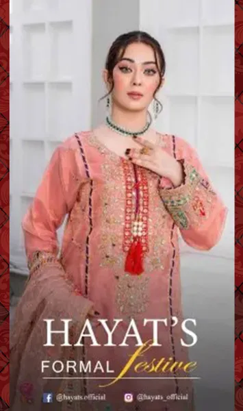 Pakistani Original Hayat's Luxury Organza Stitched 3Pcs _ Pink 