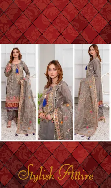 Pakistani Original Hayat's Luxury Organza Stitched 3Pcs _ Gray 