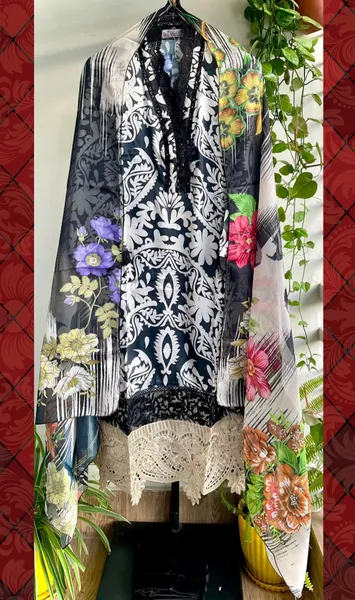 Pakistani Original Rangoon Silk Stitched 3 Pcs _ Black & White 