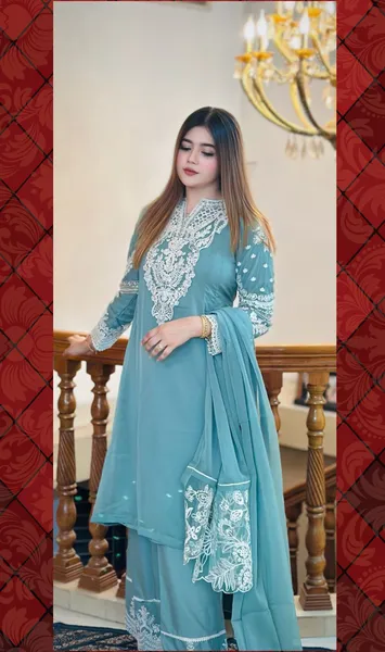 Pakistani Boutique Tail gown Style Chiffon 3Pcs _ Frog Green 