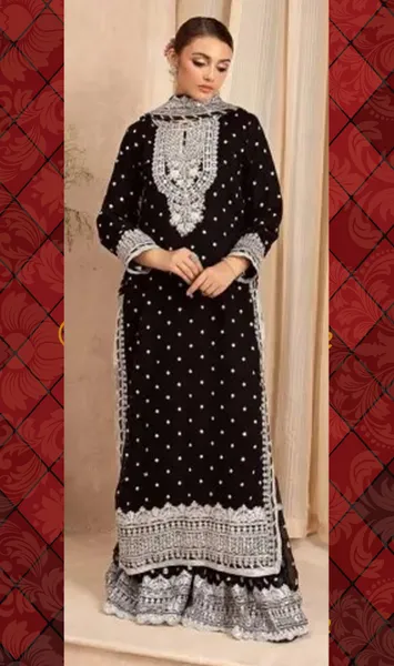 Pakistani Original Rangoon Luxury Chiffon Long Garara Stitched 3 Pcs _ Black 