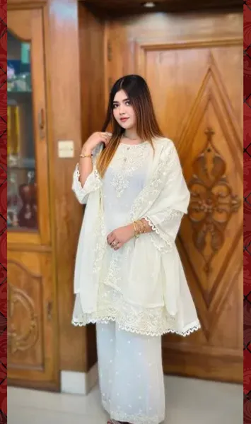 Rangoon Frock style Chiffon Stitched 3 Pcs With Palazzo_ Off White