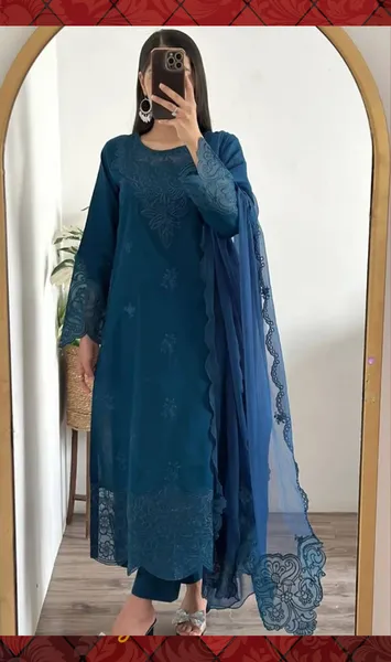 Original Pakistani Boutique Cambric Cotton Stitched 3Pcs _ Zinc Blue