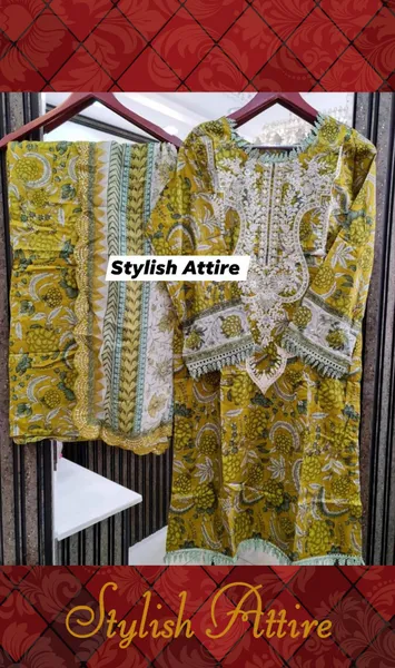 Original Pakistani Polawn Embroidered Stitched Lawn 3 Pcs _  Olive 