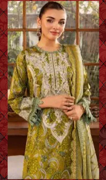 Original Pakistani Polawn Embroidered Stitched Lawn 3 Pcs _  Olive 