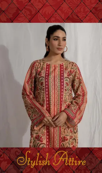 Adan's Libas Satin Lawn Stitched Co-Ords _ Peach & Maroon 