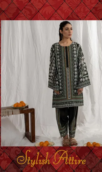 Adan's Libas Satin Lawn Stitched Co-Ords Set _ Dark Green 