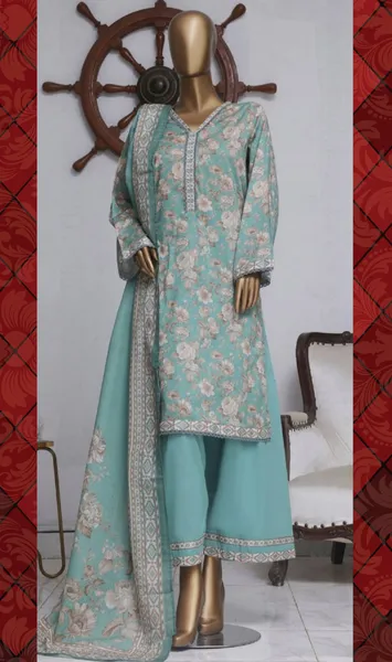 Pakistani Original Bin Saeed Lawn Stitched 3 Pcs with Farshi Salwar _ 