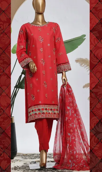 Pakistani Original Bin Saeed Luxury Plain Cotton Stitched 3 Pcs _ Coral Red 