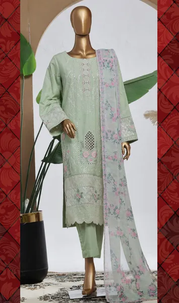 Pakistani Original Bin Saeed Luxury Plain Cotton Stitched 3 Pcs _ Mint 