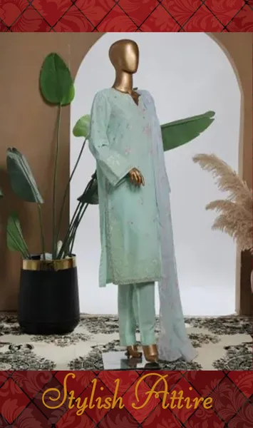 Pakistani Original Bin Saeed Luxury Plain Cotton Stitched 3 Pcs _ Mint 