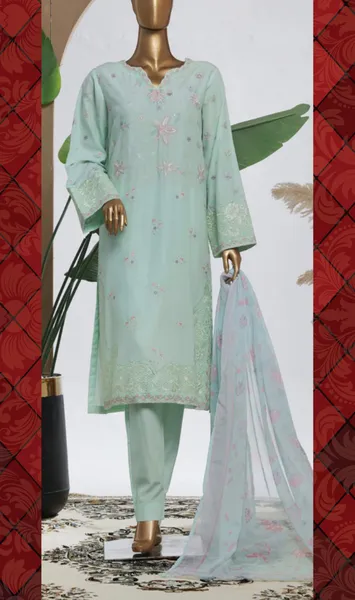 Pakistani Original Bin Saeed Luxury Plain Cotton Stitched 3 Pcs _ Mint 