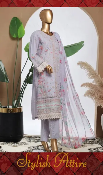 Pakistani Original Bin Saeed Luxury Plain Cotton Stitched 3 Pcs _ Lilac 