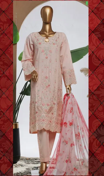 Pakistani Original Bin Saeed Luxury Plain Cotton Stitched 3 Pcs _ Pink 