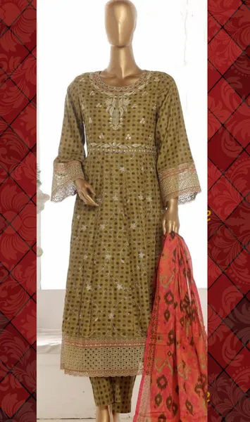 Pakistani Original Bin Saeed luxury Stitched Cotton Embroidered Gown 3 Pcs _ Dark Olive 