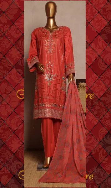 Pakistani Original Bin Saeed luxury Stitched Cotton Embroidered 3 Pcs _ Rust 