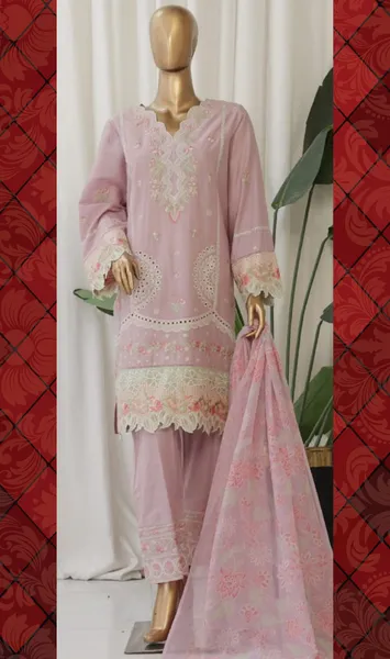 Pakistani Original Bin Saeed luxury Stitched Cotton Embroidered 3 Pcs _ Light Lavender 