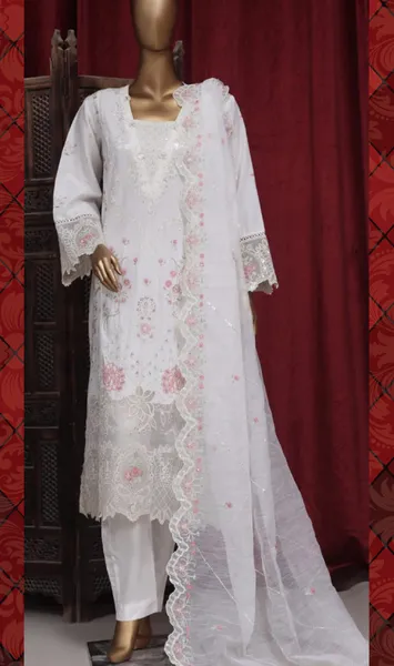Pakistani Original Bin Saeed luxury Stitched Cotton Embroidered 3 Pcs _ White 