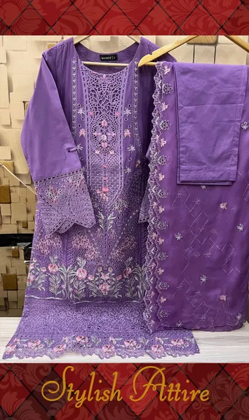 Pakistani Original Bin Saeed luxury Stitched Cotton Embroidered 3 Pcs _ Purple 