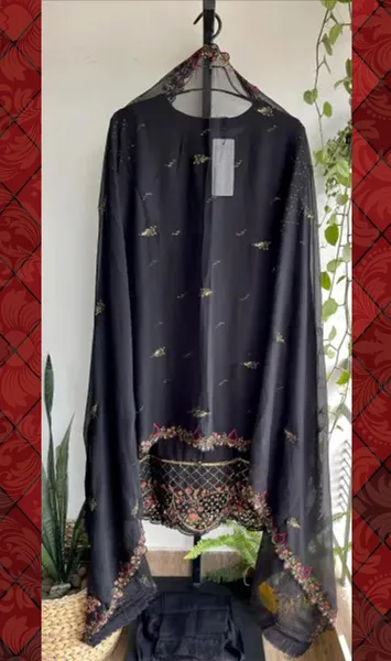 Pakistani Original Bin Saeed Luxury Chiffon stitched 3 Pcs _ Black 