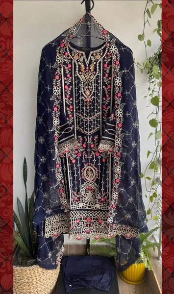 Pakistani Original Bin Saeed Luxury Chiffon stitched 3 Pcs _ Navy Blue 