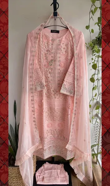 Pakistani Original Bin Saeed Luxury Chiffon stitched 3 Pcs _ Peachy Pink 
