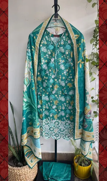 Pakistani Original Bin Saeed Cotton Chickankari Stitched 3Pcs_ Sea Green 
