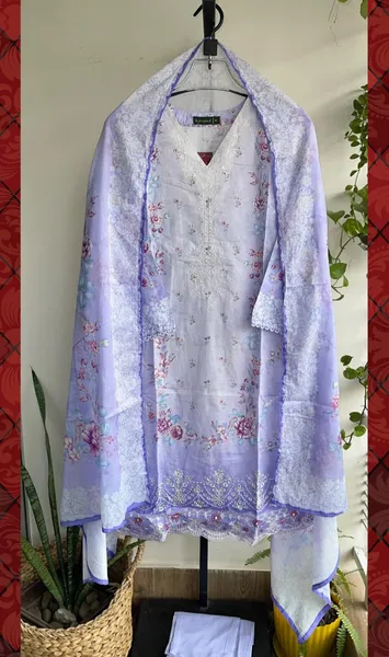 Pakistani Original Bin Saeed Cotton Chickankari Stitched 3Pcs_ Light Purple 